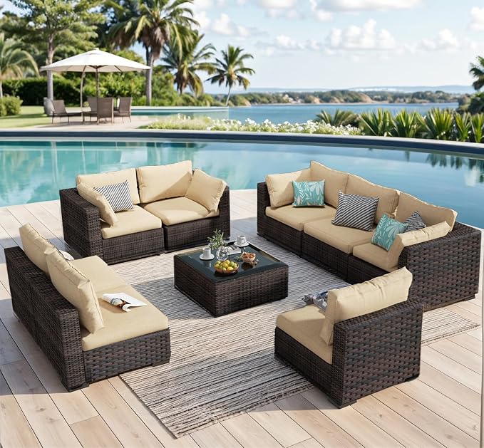 9 Piece Patio Furniture Set All Weather PE Rattan Outdoor Sectional Sofa Couch with No-Slip Cushions and Glass Top Table for Garden, Poolside, Backyard (Beige)