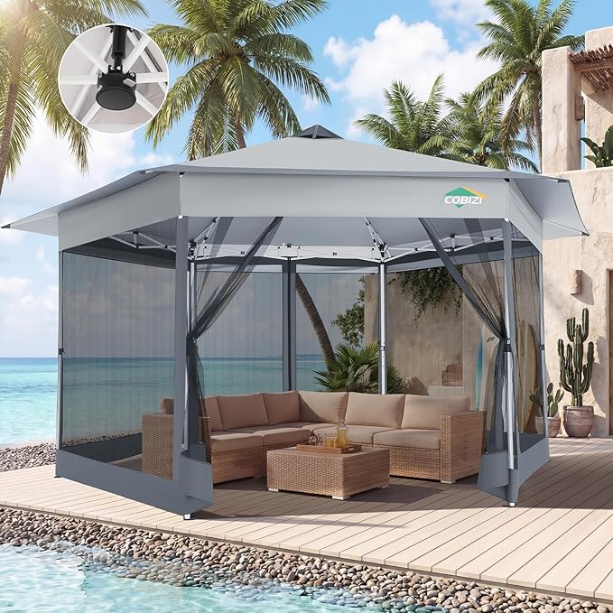 COBIZI 16x16 Pop Up Gazebo Tent with Mosquito Netting, Gazebos on Clearance, Hexagonal Outdoor Canopy Shelter, Patented Center Lock 6-Sided Portable Gazebos, Pop Up Canopy Tent for Backyard, White