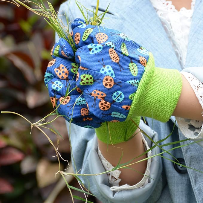 HANDLANDY 2 Pairs Kids Gardening Gloves, Cotton Kids Work Gloves, Green, S | Girls Boys Children Garden Yard Work Play Cycling Gloves with Knit Wrist, Cute Pattern, Gift