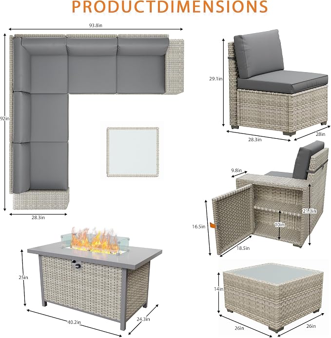 7 Piece Patio Furniture Set, 8" Wide Arm Sectional Sofa Set with 50000 BTU Propane Fire Pit Table & Coffee Table, Rattan Outdoor Conversation Set for Garden, Porch, Lawn, Gray