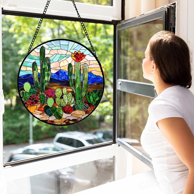 DASTOLL Stained Glass Window Hanging, Green Cactus Suncatcher for Doors Window Home Plant Landscape Sun Catchers Decoration Mother's Day Birthday Gifts for Women, Men, and Mom 11.8 in
