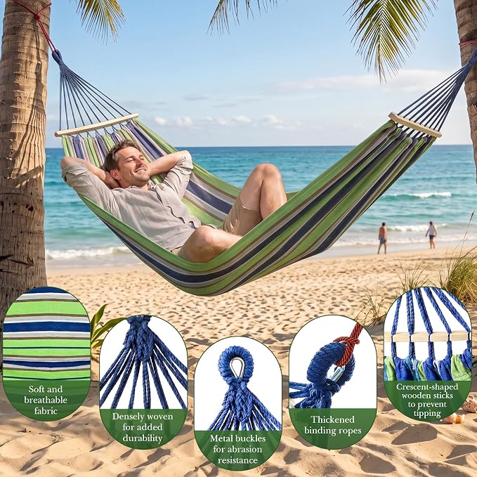SATINIOR 4 Pack Canvas Camping Hammock for Outside 120 x 59 in Large Comfortable Hammocks up to 660lbs with Travel Bag Anti Roll Balance Beam Tree Strap for Outdoor/Indoor Beach Patio Backyard Garden