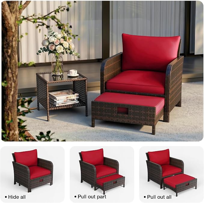 LEVELEVE Patio Conversation Set 5 Piece, Balcony Furniture Outdoor PE Rattan Wicker Lounge Chairs with Soft Cushions, 2 Ottomans & Glass Table for Porch Lawn, Brown (Wine Red Cushions