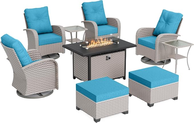 9-Piece Patio Furniture Set, Outdoor Swivel Rocking Chairs Set with 55,000 BTU Fire Pit Table,All Weather Conversation Set for Porch Poolside Balcony