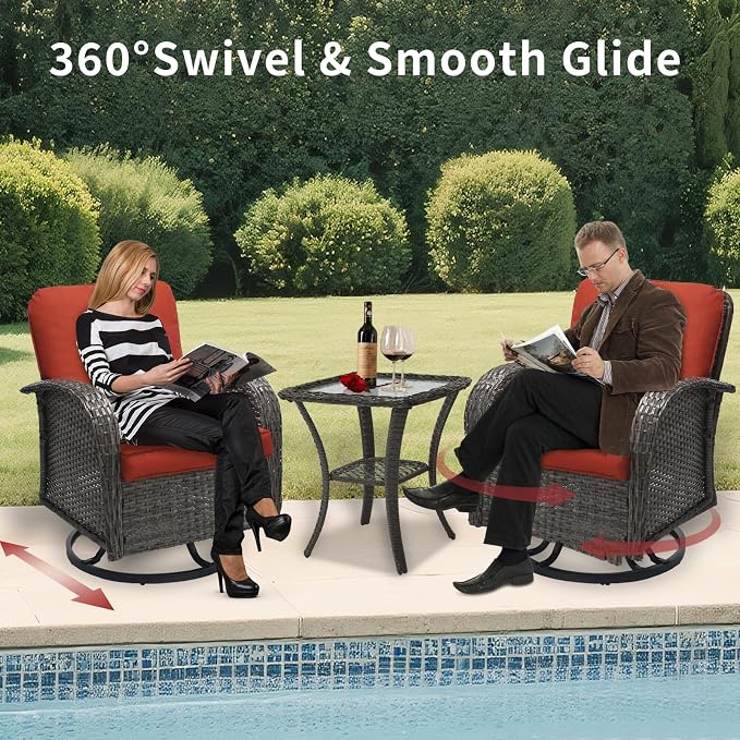 3 Piece Outdoor Swivel Rocker Patio Chairs, All-Weather Rattan Chair, Wicker Glider Patio Furniture Set with Side Table, for Garden, Backyard, Deck, Gray Rattan & Red Cushions