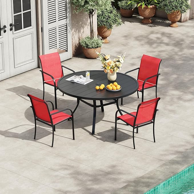 VICLLAX 5 Pieces Patio Outdoor Dining Set, 40.6" Round Metal Table with Umbrella Hole and 4 Stackable Textilene Chairs for Patio, Lawn, Garden, Porch, Black/Red