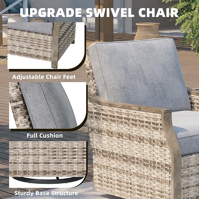MELLCOM 4 Pieces Outdoor Patio Furniture Set with Swivel Chairs, All Weather Rattan Wicker Patio Conversation Set with 3-Seater Sofa, Coffee Table for Patio, Balcony, Porch, Deck