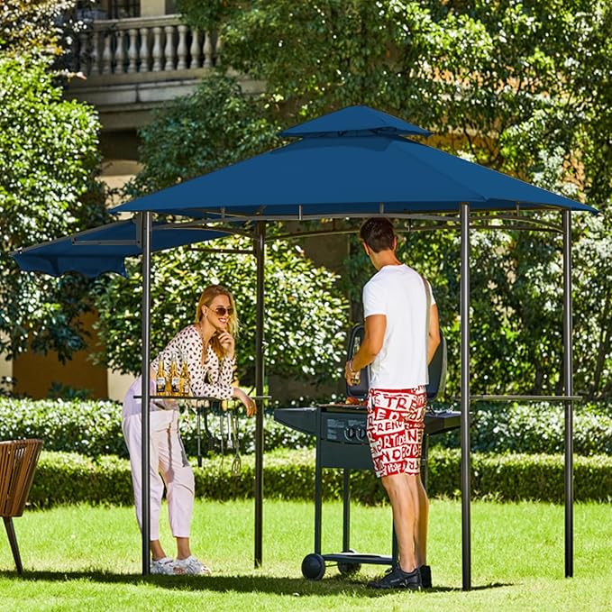 FAB BASED 5x8 Grill Gazebo with Extra Awning, All-Weather Steel Construction, Double Tiered & Resistant Canopy Roof, Metal Serving Shelves, 2 LED, Bottle Opener for Patio, Backyard, BBQ (Blue)