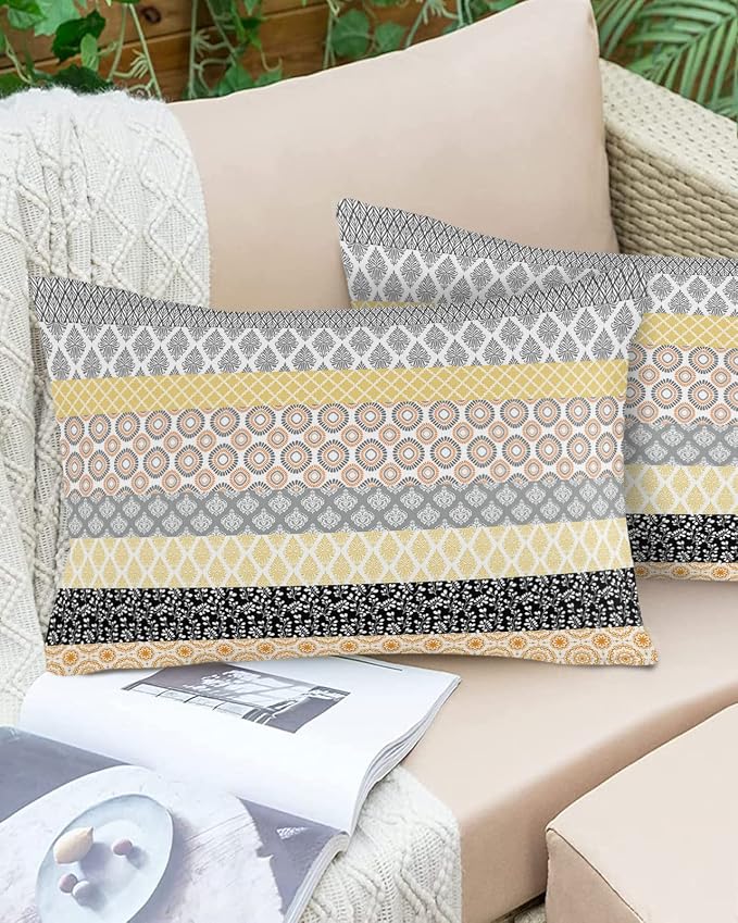 Outdoor Waterproof Throw Pillow Covers Set of 2 Yellow Boho Stripe Tribal Vingtage Lumbar Pillowcases 20x12 Inches Bohemian Style Decorative Pillows Cushion Case Patio Pillows for Couch Bed Garden