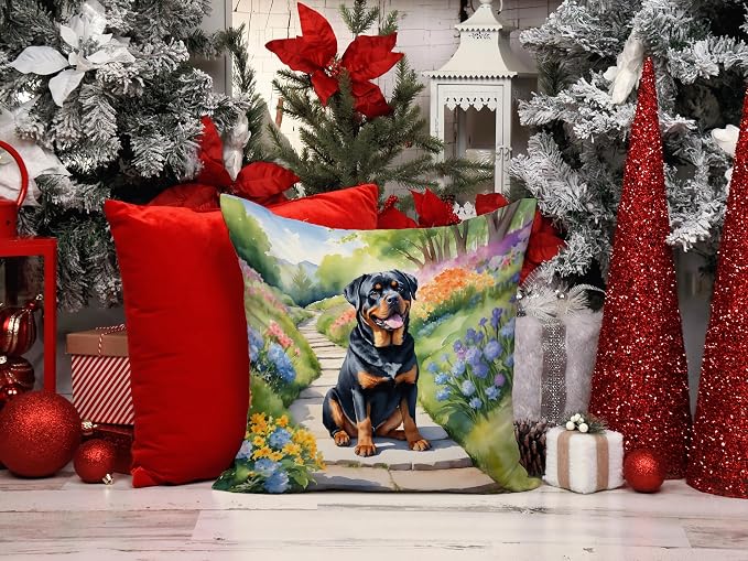 Caroline's Treasures Rottweiler Spring Path Throw Pillow Machine Washable, Indoor Outdoor Decorative Pillow for Couch, Bed or Patio, 14Hx14W