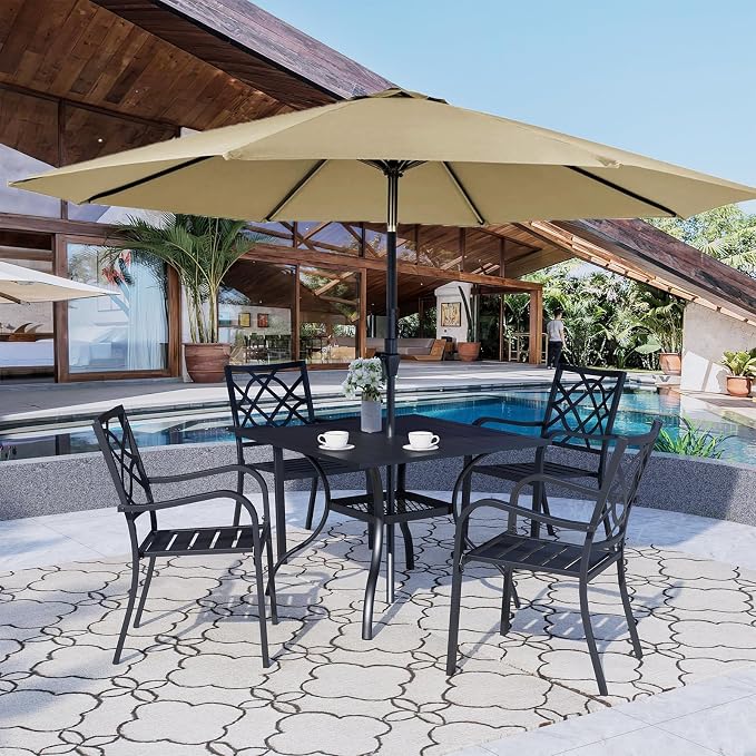 Crownland 5 Piece Patio Dining Set, 4 Stackable Metal Chairs and Square Outdoor Dining Table with 9FT Round Khaki Outdoor Umbrella, Metal Tabletop