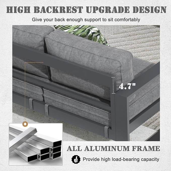 Outdoor Aluminum Furniture Set - 4 Pieces Modern Patio Conversation Sets Metal Sectional Sofa with Coffee Table