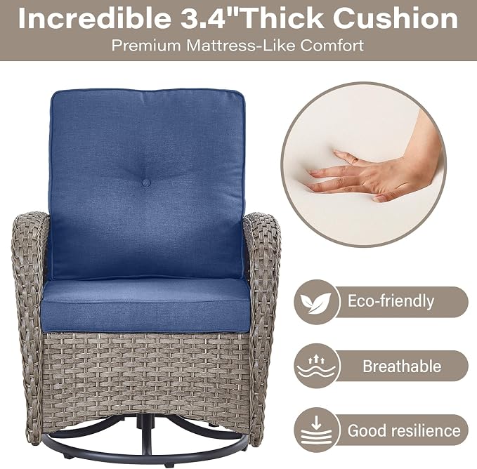 Belord 5-Piece Patio Furniture - Outdoor Conversation with Deep Seating Swivel Rocker Chairs Loveseat and Rattan Coffee Table, Gray with Blue Cushion
