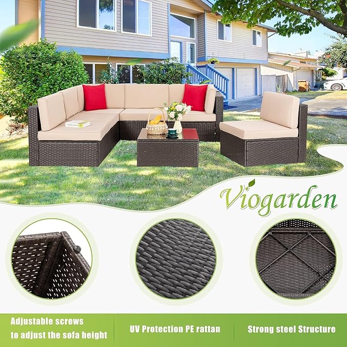 Vongrasig 7 Pieces Patio Furniture Sets, Outdoor Sectional Patio Sofa Set | All-Weather Patio Conversation Set PE Rattan Wicker Modular Couch with Coffee Table for Garden, Poolside, Backyard, Beige