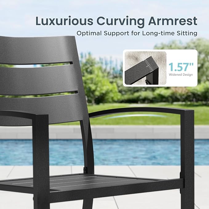 PHI VILLA 7 Pcs Outdoor Dining Set, 60" Rectangle Metal Table, Black | Wrought Iron Table&Stackable Chairs, Modern Outside Furniture for Deck, Yard, Porch