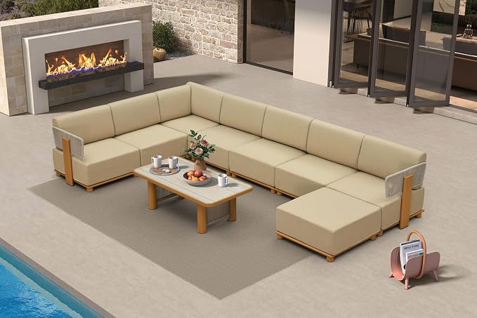 PURPLE LEAF Patio Furniture Set Modular U-Shaped Outdoor Sectional Sofa with 11" Thick Olefin Cushion 9-Piece Outdoor Conversation Set with Ottoman and Table for Backyard Garden Poolside, Beige