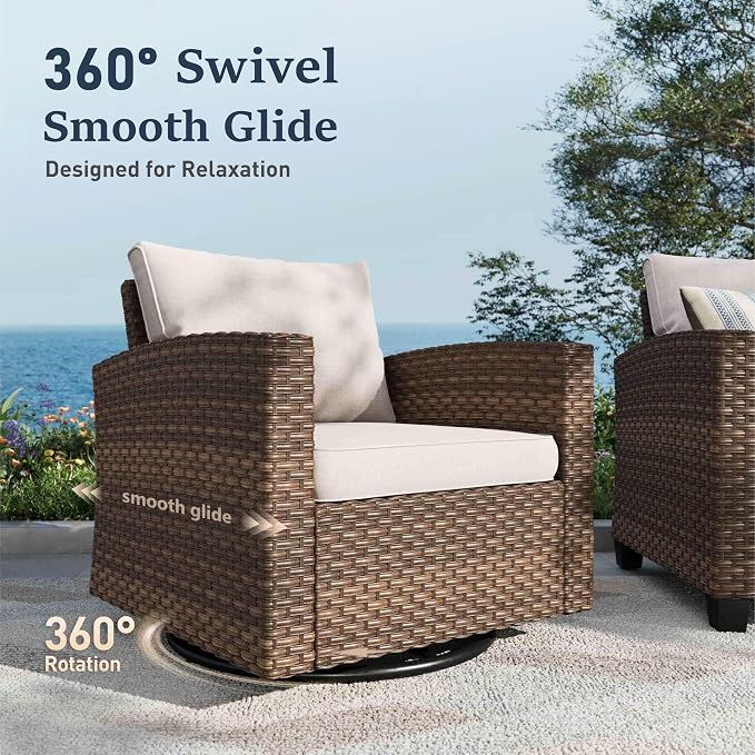SUNSHINE VALLEY Swivel Glider Patio Furniture Set Outdoor Furniture Brown Wicker Rattan Patio Conversation Sets with Cushion Outside Sofa Set,8 Pieces with Rectangular Firepit Table,12 Seats,Beige