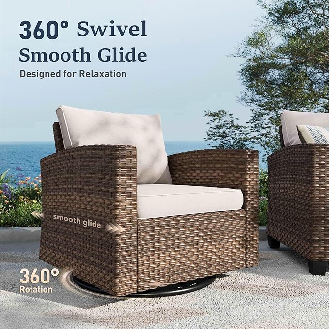 SUNSHINE VALLEY Swivel Glider Patio Furniture Set Outdoor Furniture Brown Wicker Rattan Patio Conversation Sets with Cushion Outside Sofa Set,8 Pieces,12 Seats,Beige