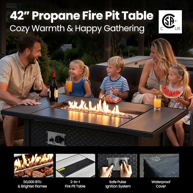 6 Piece Patio Furniture Set with Fire Pit Table, Outdoor Wicker High Back Sofa Chairs Ottoman with Comfy Cushions, Modern Conversation Sets for Backyard Deck Garden Poolside, Black