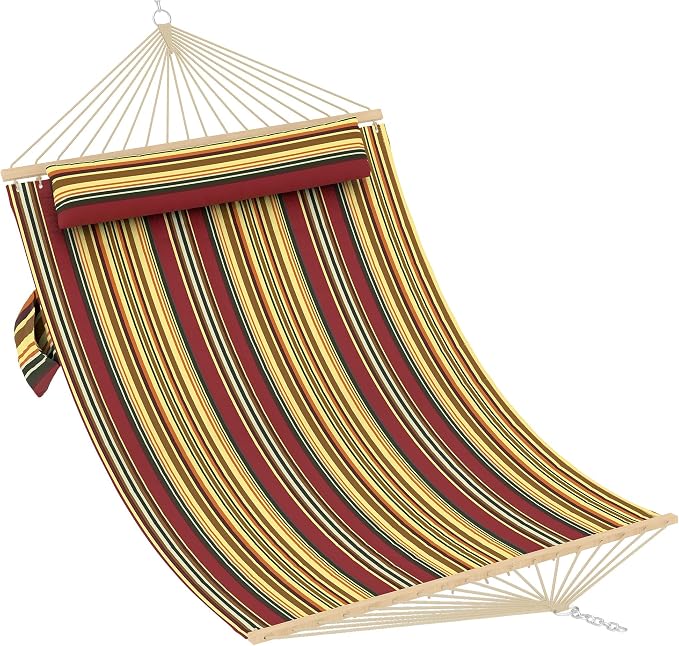Double Quilted Hammock with Spreader Bar, 12FT, Detachable Pillow, 2-Person | cotton-polyester blend, UV-resistant, quick-dry, 450lbs, for patio/backyard/poolside, Red-Yellow Stripe