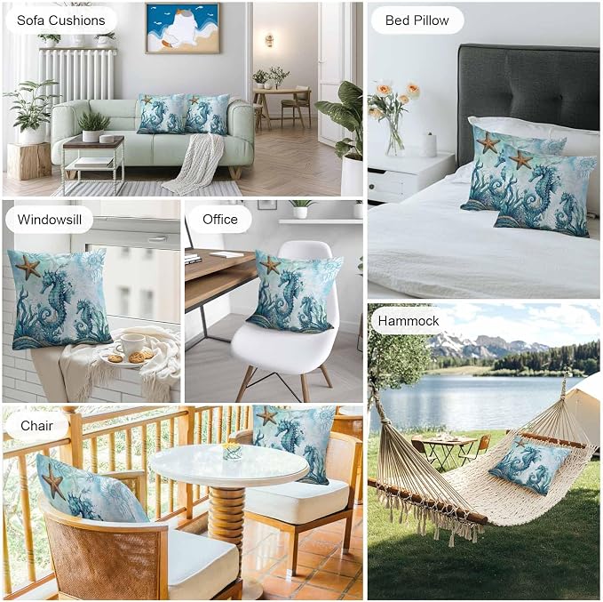 Ocean Seahorses Outdoor Pillow Covers 16x16 Inch Throw Pillow Covers Set of 2 Waterproof Decorative Pillow Cases Coastal Animals Seaweed Strafish Compass Blue Cushion Covers for Patio Furniture Garden