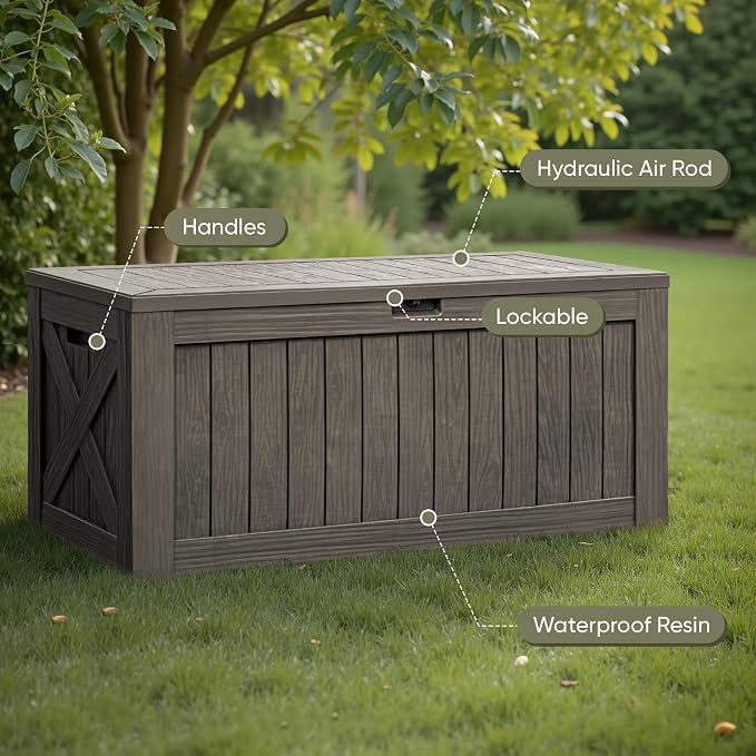 Flamaker Resin Deck Box 120 Gallon Waterproof Large Outdoor Indoor Storage Box Imitation Wood Resin for Patio Furniture Garden Tools and Pool (Deep Brown)