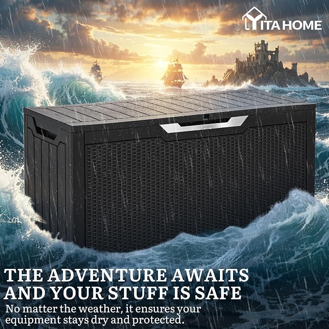 YITAHOME 80 Gallon Outdoor Storage Box, Large Water Resistant Resin Deck Box w/Silver Decorative PVC Trim Panel, Lockable Rattan Storage Container for Patio, Garden, Cushions, Tools (Black & Silver)