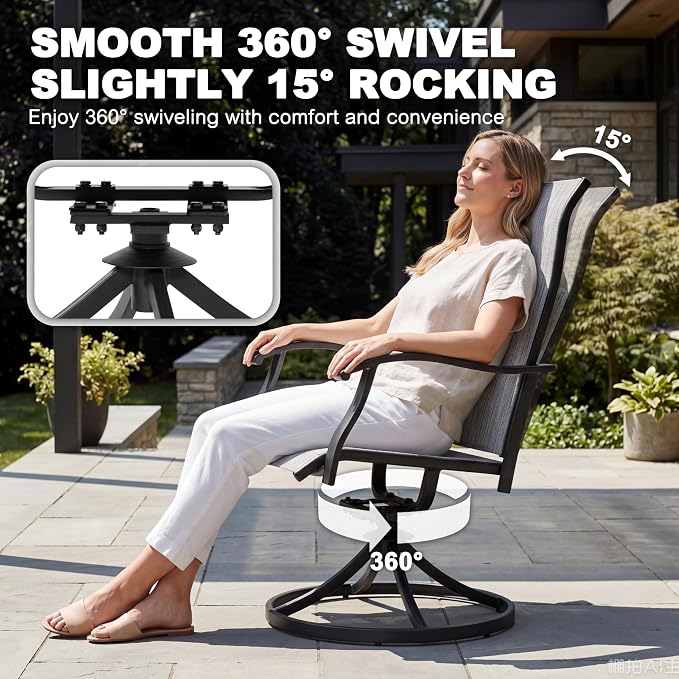 NUU GARDEN 5 Piece Patio Dining Set for 4, Swivel Chairs, Black | Square dining table with umbrella hole and 4 Textilene swivel chairs featuring ergonomic high backs and durable steel frames.