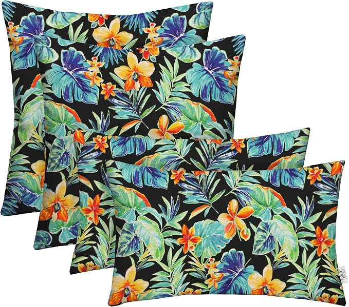 RSH DECOR: Lumbar & Square Throw Pillows Set of 4 | 20" x 12" & 17" x 17" | All-Weather Spun Fabric | Water & Fade-Resistant|Outdoor Accent Pillows for Patio Furniture | Beachcrest Caviar-Made in USA