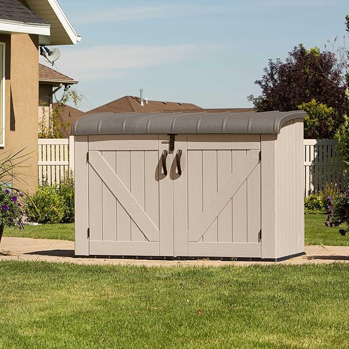 LIFETIME Large Horizontal Outdoor Deck Storage Box, Lockable Spring-Hinge Lid, 561 Gallon Capacity