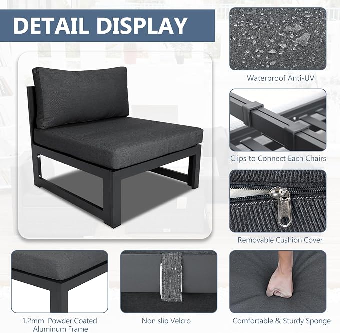 RADIATA 9 Pieces Aluminum Patio Furniture Set with Fire Pit Table, Morden Outdoor Sectional Sofa, Large Conversation Seat with Thick Cushion for Garden Backyard Deck Porch (Grey)