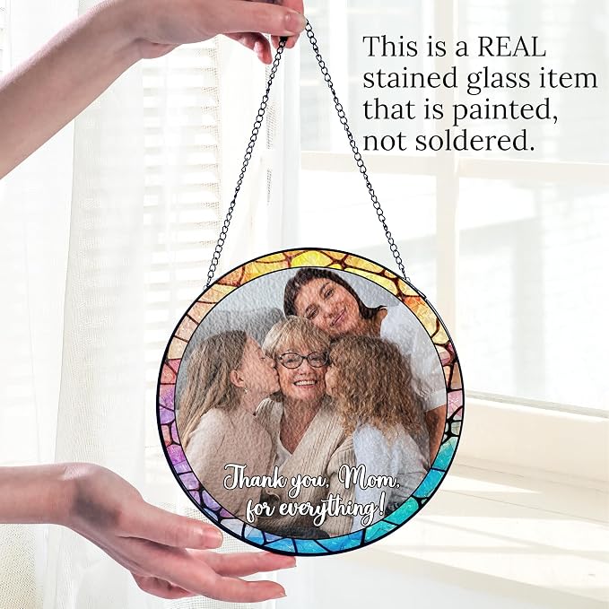 Custom Photo Stained Glass Window Hanging Suncatcher 2026, Personalized Family Picture Sun Catcher with Custom Text, Father's Day Birthday Gift for Dad, Papa, Grandpa, Husband