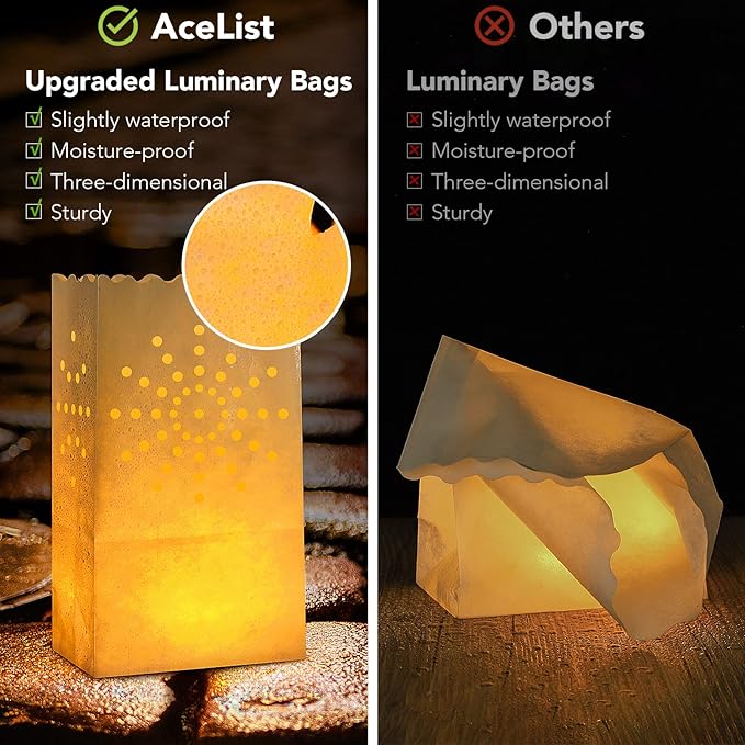 AceList 30 Set Luminaries Bag with Flameless Candles， Flickering LED Tea Lights with Paper Luminary Bags Battery Operation for Wedding Party,Halloween, Thanksgiving, Christmas Decoration（Sun）