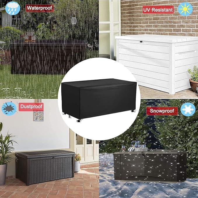 Deck Box Cover 420D Outdoor Patio Waterproof Oxford Fabric Coated with Silver Dustproof Deck Storage Box Protector with Elastic Buckles on All 4 Corners Wheels Protect from Wind Rain Snow Black