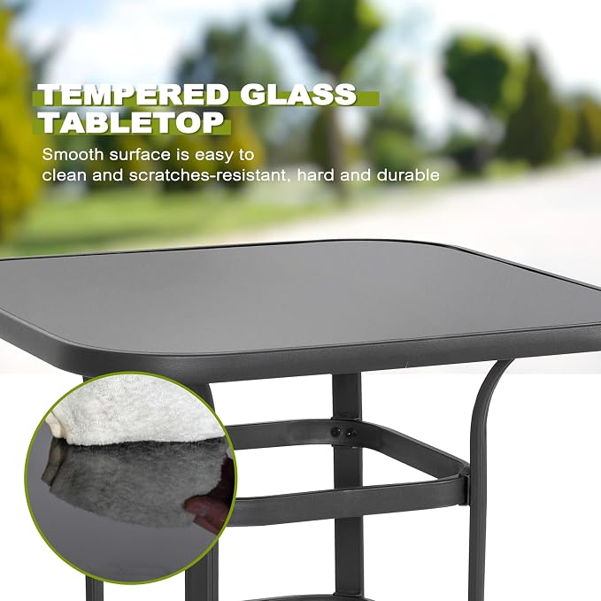 NUU GARDEN 3 Piece Outdoor Patio Bar Set,Glass Table and Swivel Stools,Gray and Black