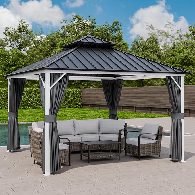 EAGLE PEAK 12x12 Hardtop Gazebo, Galvanized Steel Double Roof with Aluminum Frame, Outdoor Pavilion with Netting and Curtains for Patio, Deck, Lawn and Garden, White/Gray