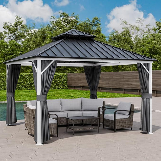 EAGLE PEAK 12x12 Hardtop Gazebo, Galvanized Steel Double Roof with Aluminum Frame, Outdoor Pavilion with Netting and Curtains for Patio, Deck, Lawn and Garden, White/Gray