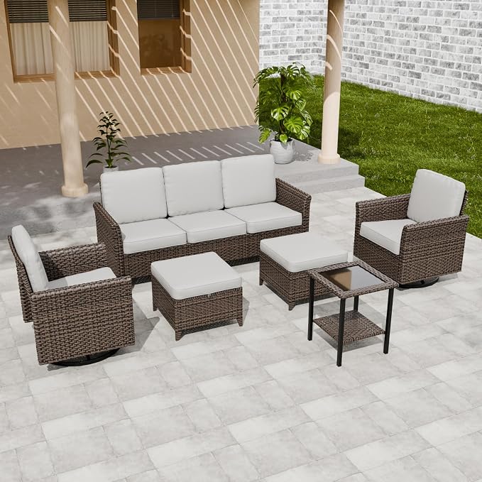 COOS BAY Harbor Retreat 6 Piece Outdoor Furniture Set, Patio Conversation Set with Swivel Rocking Chairs, 3 Seat Couch, Side Table and Ottomans, Wicker Furniture, Brown/Beige