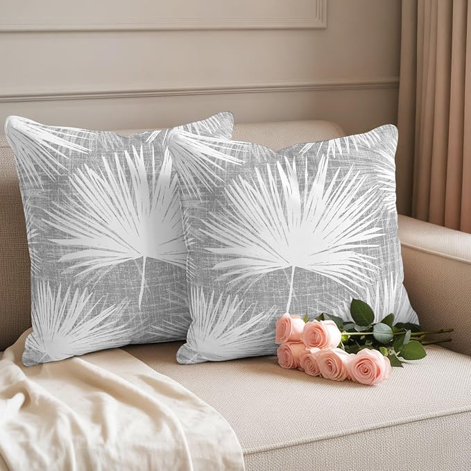 Throw Pillow Covers 26x26 Inch Set of 2, Grey Palm Leaves Coastal Waterproof Outdoor Pillow Covers, Summer Tropical Botanical Boho Decorative Cushion Pillowcases for Couch, Sofa, Bed, Garden, Patio