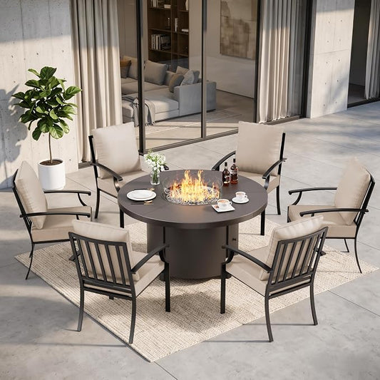 7 Pieces Outdoor Patio Furniture Set with 48" 55000 BTU Round Propane Fire Pit Table,Patio Dining Set Outdoor Conversation Sets 6 Chairs for Deck,Backyard and Garden,Brown
