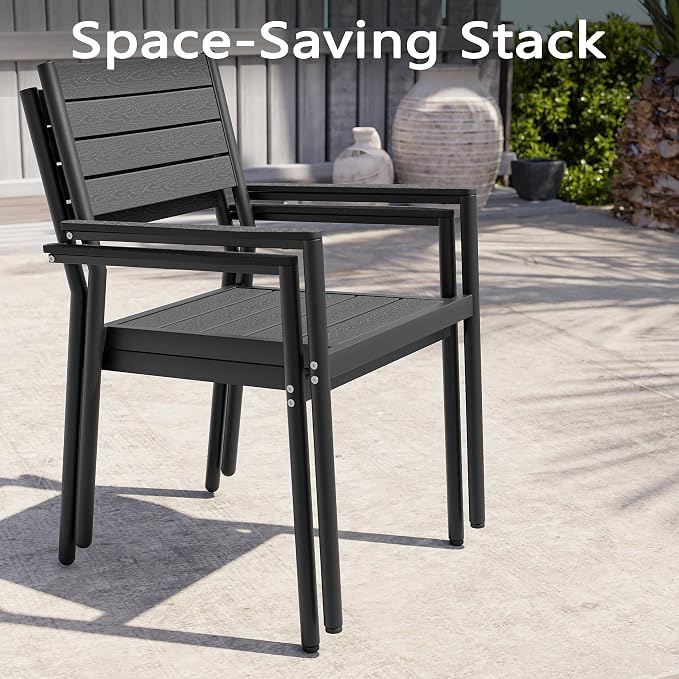 9-Piece Outdoor Dining Set for 8 Person with Black Wood-Grain Top | Armrest Stackable Chairs with 19.4" Seat Depth, Aluminum Frame Dining Furniture with Umbrella Hole for Deck, Porch & Backyard