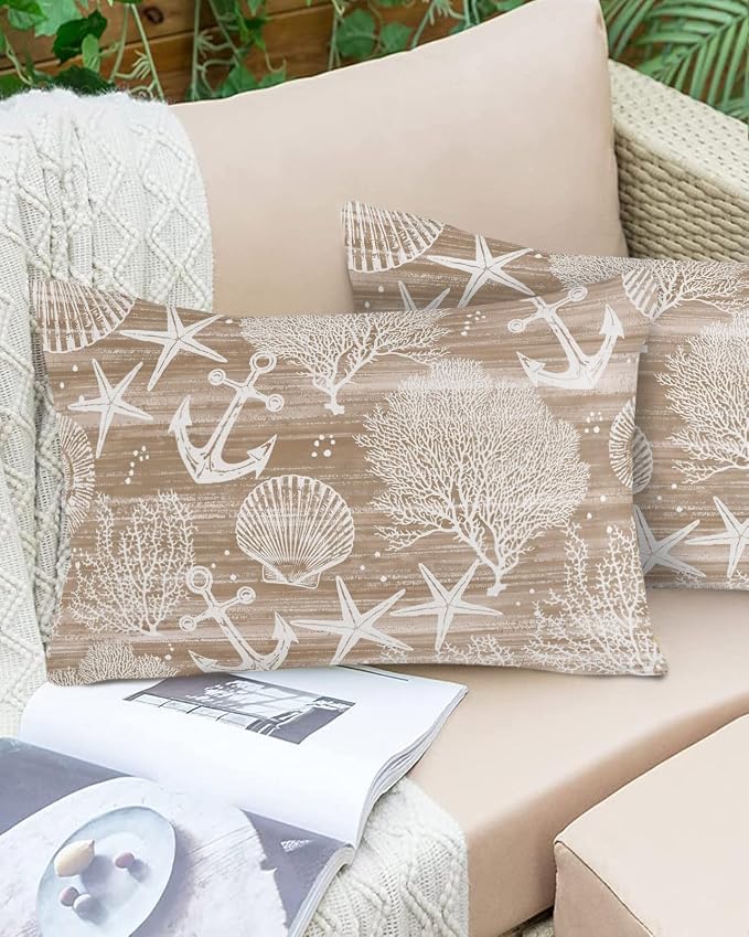 Outdoor Waterproof Throw Pillows 12x20in, Summer Anchor Starfish Coral Shell Patio Pillows Pack of 2,Decorative Pillow Covers with Insert,Pillow Cushion Case Nautical Ocean Creature