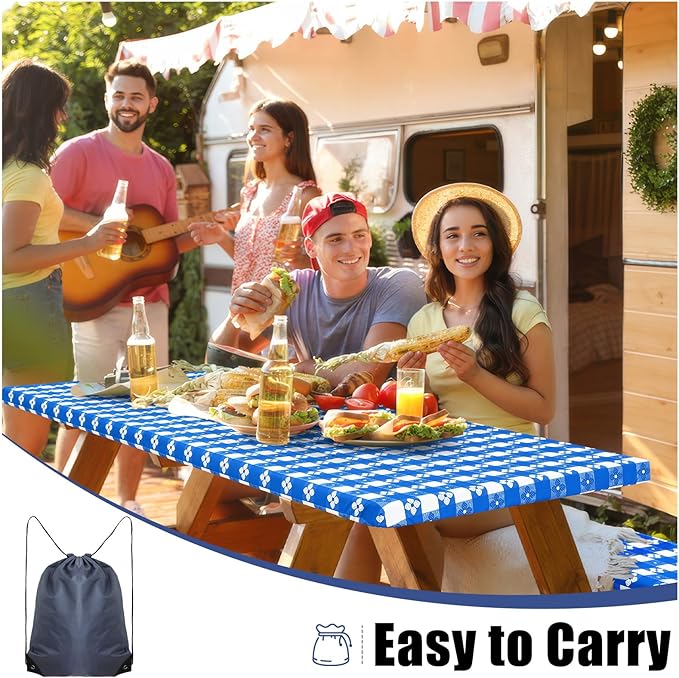 Smiry Picnic Table Cover with Bench Covers, Waterproof Elastic Fitted Tablecloth for 6 Foot Tables, Washable Polyester Tablecloths for Camping, Indoor & Outdoor (Blue & White, 30x72 Inch 3-pc Set)