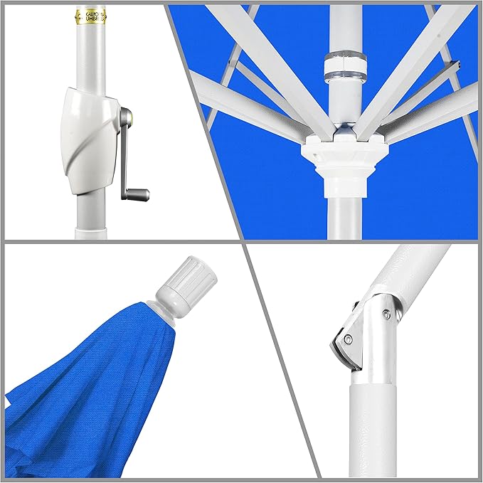 California Umbrella 9' Round Aluminum Market Umbrella, Crank Lift, Push Button Tilt, White Pole, Royal Blue Olefin