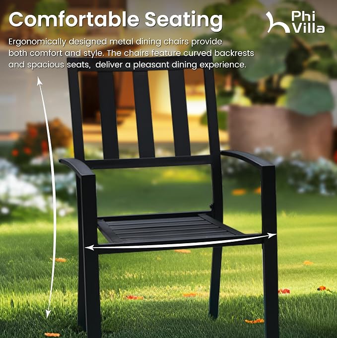 PHI VILLA Patio Dining Set,4 Stackable Chairs& 37" Square Metal Table | Outside Furniture Set for Patio, Deck, Backyard, Porch