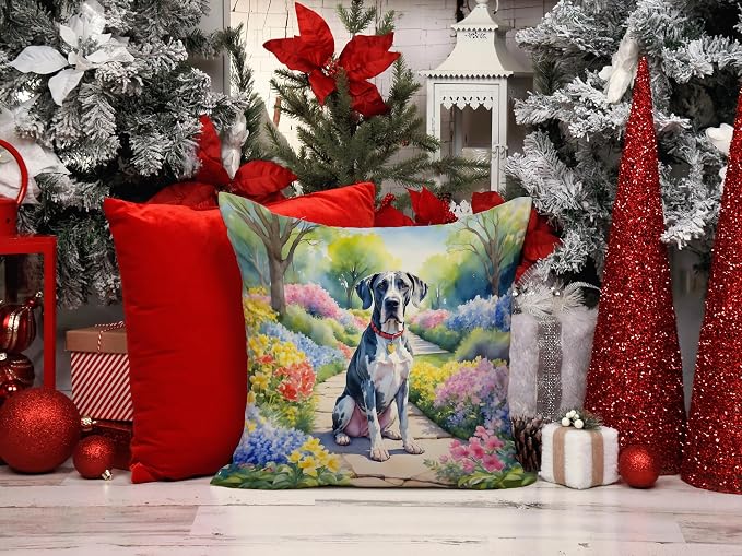 Caroline's Treasures Great Dane Spring Path Throw Pillow Machine Washable, Indoor Outdoor Decorative Pillow for Couch, Bed or Patio, 14Hx14W