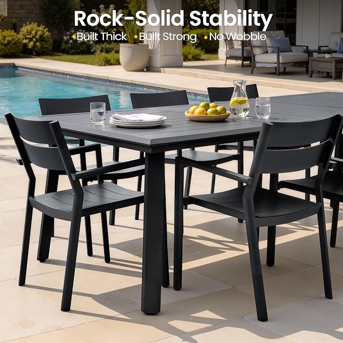 9-Piece Aluminum Outdoor Dining Set with Stackable Armchairs | 82" Large Rectangular Patio Table Rust Proof Outdoor Furniture with Umbrella Hole for Lawn Garden Deck