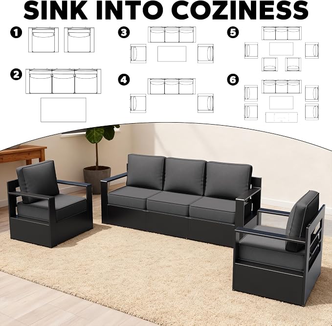 Aluminum Outdoor Conversation Furniture Set - All Weather Patio 79" Sofa with 4 Armchairs, 6" Water-Resistant Cushions & Furniture Covers & Metal Armrest for Deck Porch (Grey)