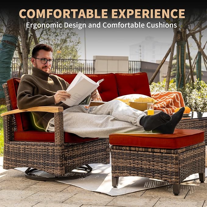 MEISSALIVVE 8 Pieces Outdoor Patio Furniture Sets, Wicker Patio Conversation Sets with 2 Wood Armrests Swivel Glide Chairs,2 Single Chairs, 3-seat Sofa (Red)