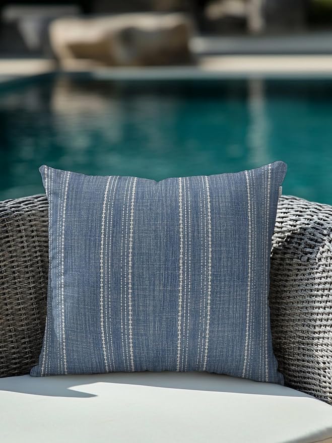 Vandarllin Waterproof Outdoor Pillow 1 Pack Denim Blue Linen Stripes Decorative Throw Pillows Cover & Insert 18x18 Inch Pillowcase Parallel Vertical Lines Pillows for Couch Sofa Bed Patio Furniture